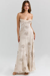 Vanilla Embroidered Hand Beaded Floral Maxi Dress