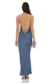 One Shoulder Pearl Satin Maxi Dress In Slate Blue