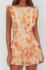 Weekend Muse Sleeveless Layered Frill Romper Flowers Yellow