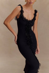 Shay Lace Ruffle Knit Midi Dress - Black