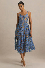 Zuri | Blue Lace Sweetheart Midi Dress With Cami Straps
